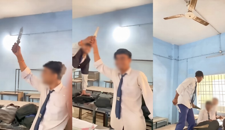 शिक्षा के मंदिर म चाकू ले मस्ती: क्लासरूम म चाकू लहरावत छात्र मन के वीडियो वायरल