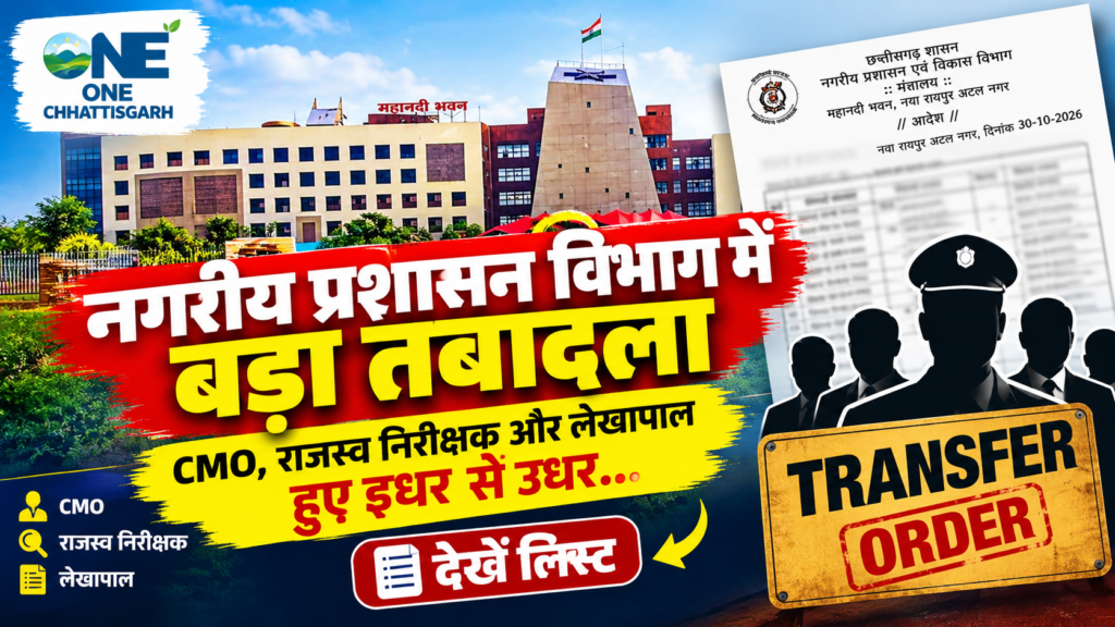 CG Transfer Breaking : नगरीय प्रशासन विभाग म बड़े पैमाना म तबादला, CMO, राजस्व निरीक्षक अउ लेखापाल मन के बदली पदस्थापना… देखव लिस्ट